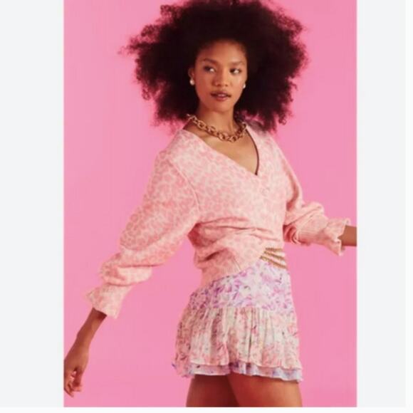 LoveShackFancy Boscom Cardigan XS Leopard Print Ruffle Cuff Button Front Sweater - Picture 2 of 11